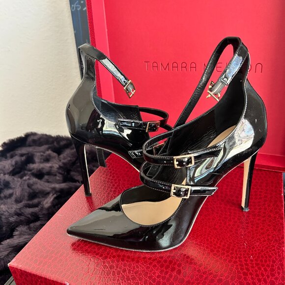Black Patent Pistol Mary Jane Pumps - TAMARA MELLON Size 39 EU/8.5 US - Picture 1 of 6